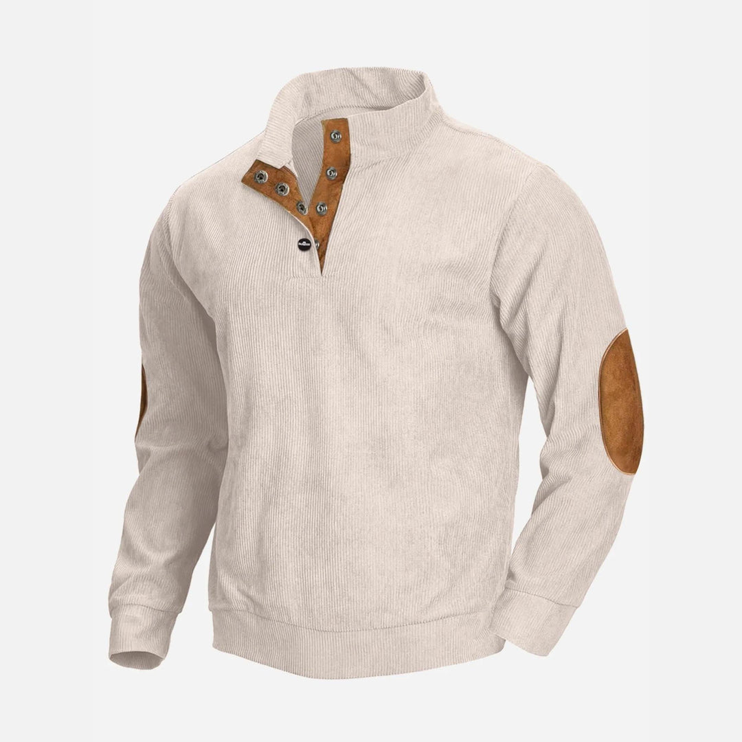 Pull en velours côtelé à col zippé pour homme | Empiècements en daim aux coudes | Vêtement d'automne mi-saison