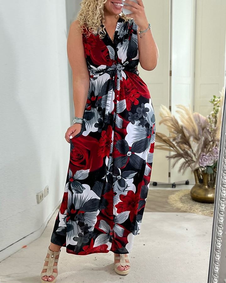 Sacha - Elegant sleeveless dress with pleated floral print