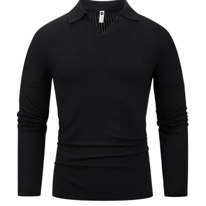 Men's Ribbed Long Sleeve Polo | Lightweight Knit Top | Slim Fit Collar Style