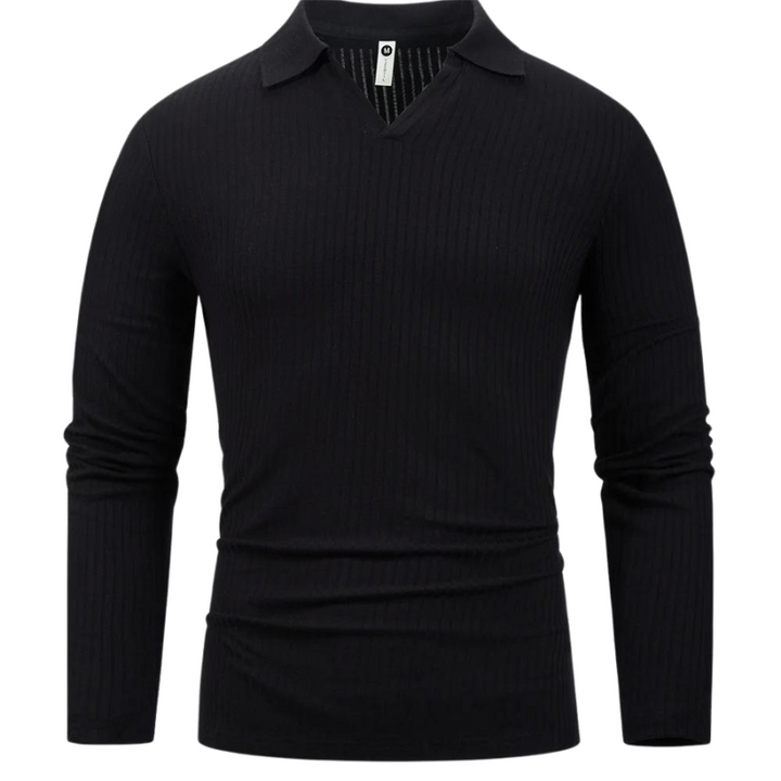 Men's Ribbed Long Sleeve Polo | Lightweight Knit Top | Slim Fit Collar Style