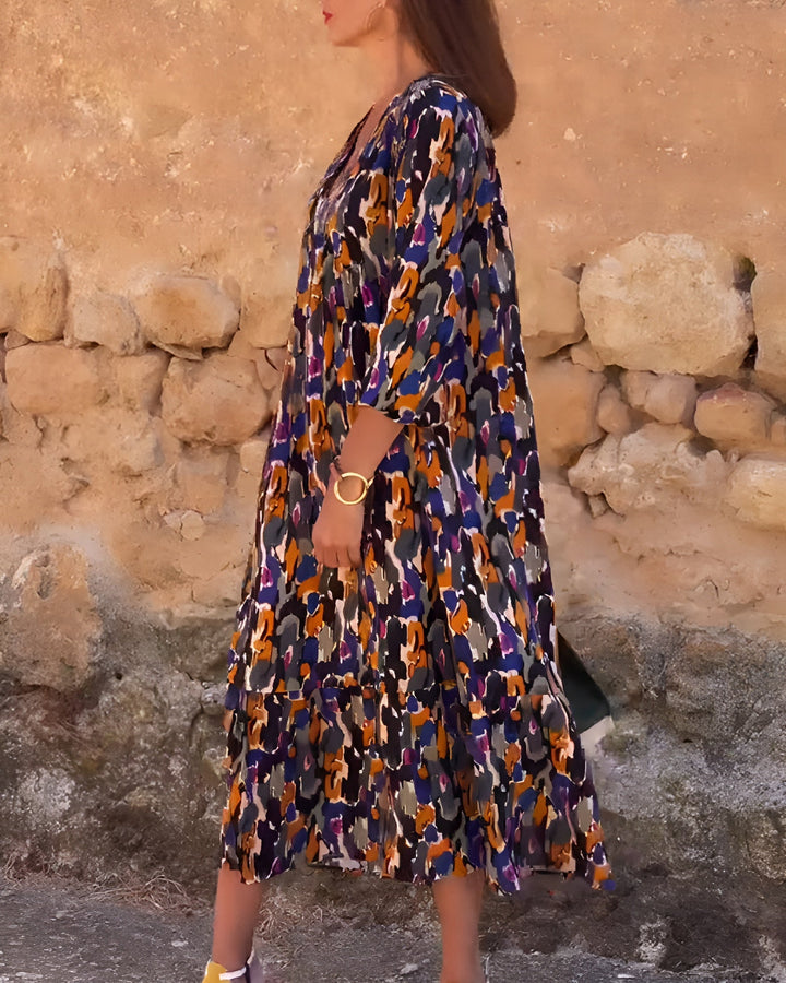 Lorina - Retro printed V-neck dress