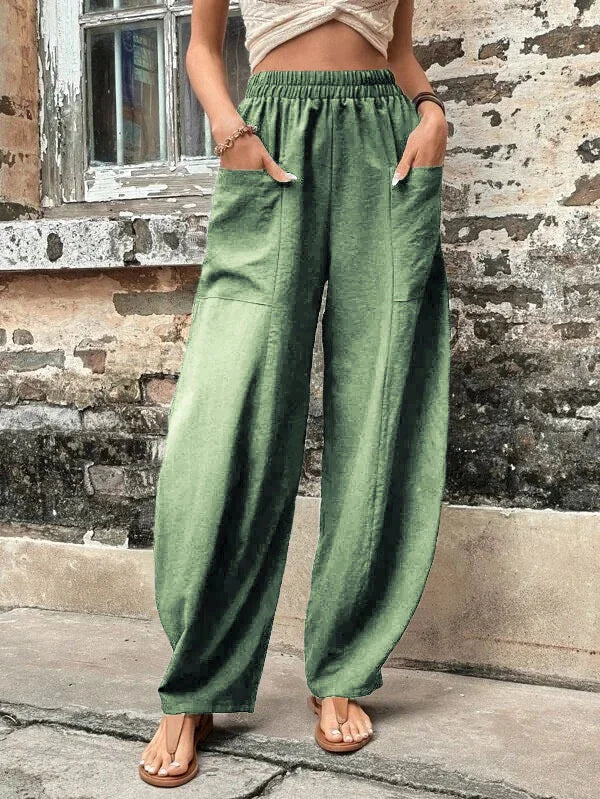 High-Waisted Wide-Leg Pants | Lightweight Linen Blend | Elastic Waist & Pockets