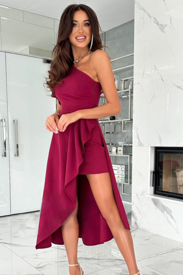 Honara - Elegant One Shoulder Solid Color Dress