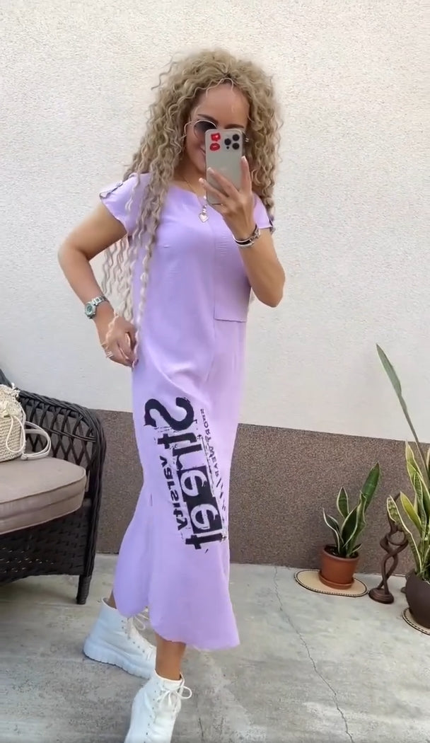 Delara - Letter Print Dress with Round Neck and Slit at Pockets