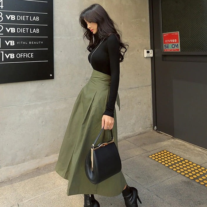 Women’s High-Waisted A-Line Midi Skirt | Olive Green Flowy Silhouette | Fall Layering Essential