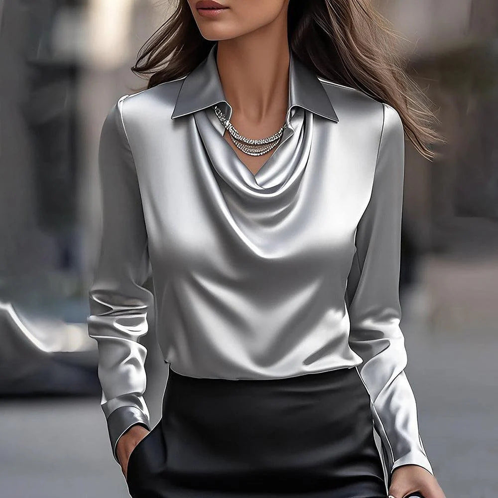 Laureline - Shiny Blouse with Pleated Collar - Chic &amp; Timeless