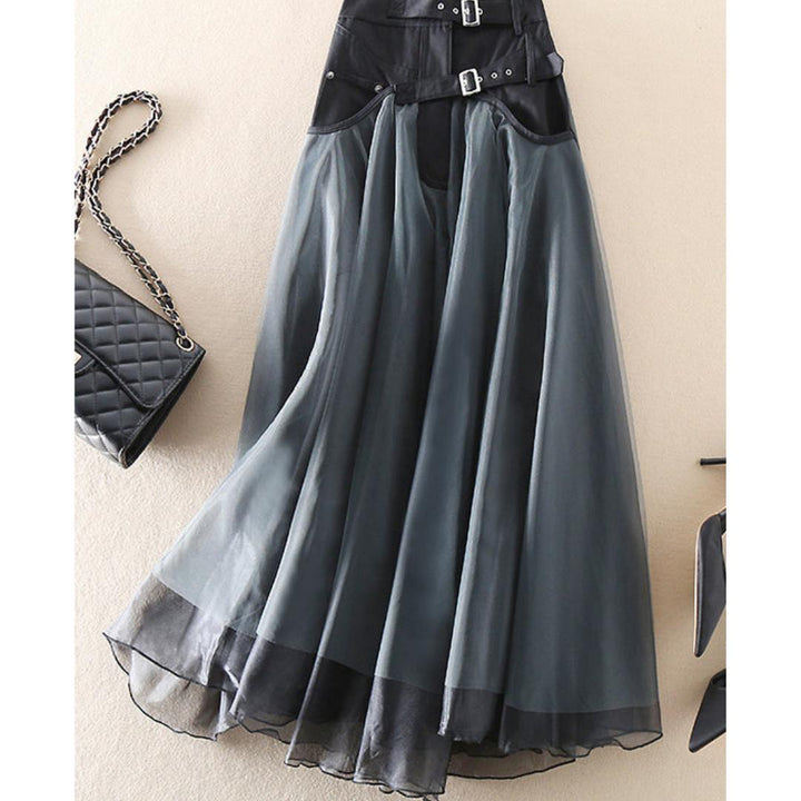 Layered Tulle Midi Skirt | Buckle Detail Waist | Sheer Overlay Statement