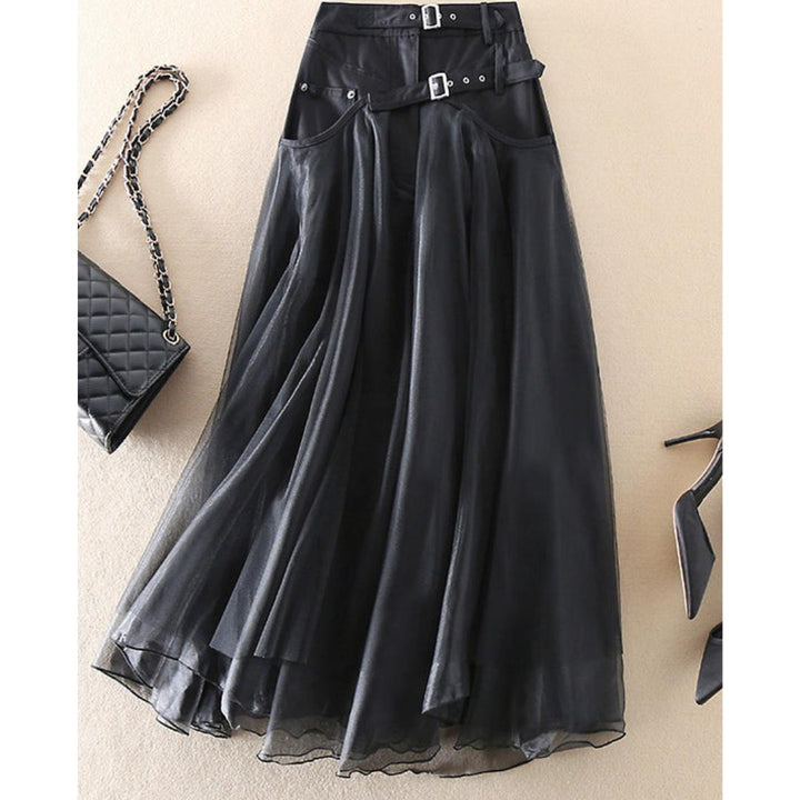 Layered Tulle Midi Skirt | Buckle Detail Waist | Sheer Overlay Statement