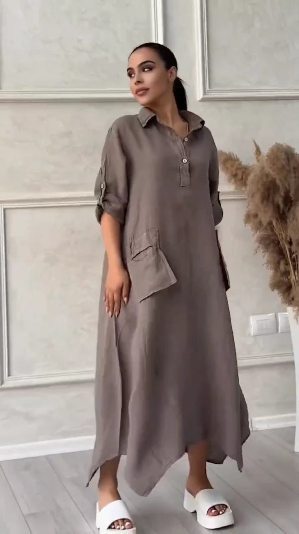 Léontine - Robe longue pour femme en lin et coton à revers 