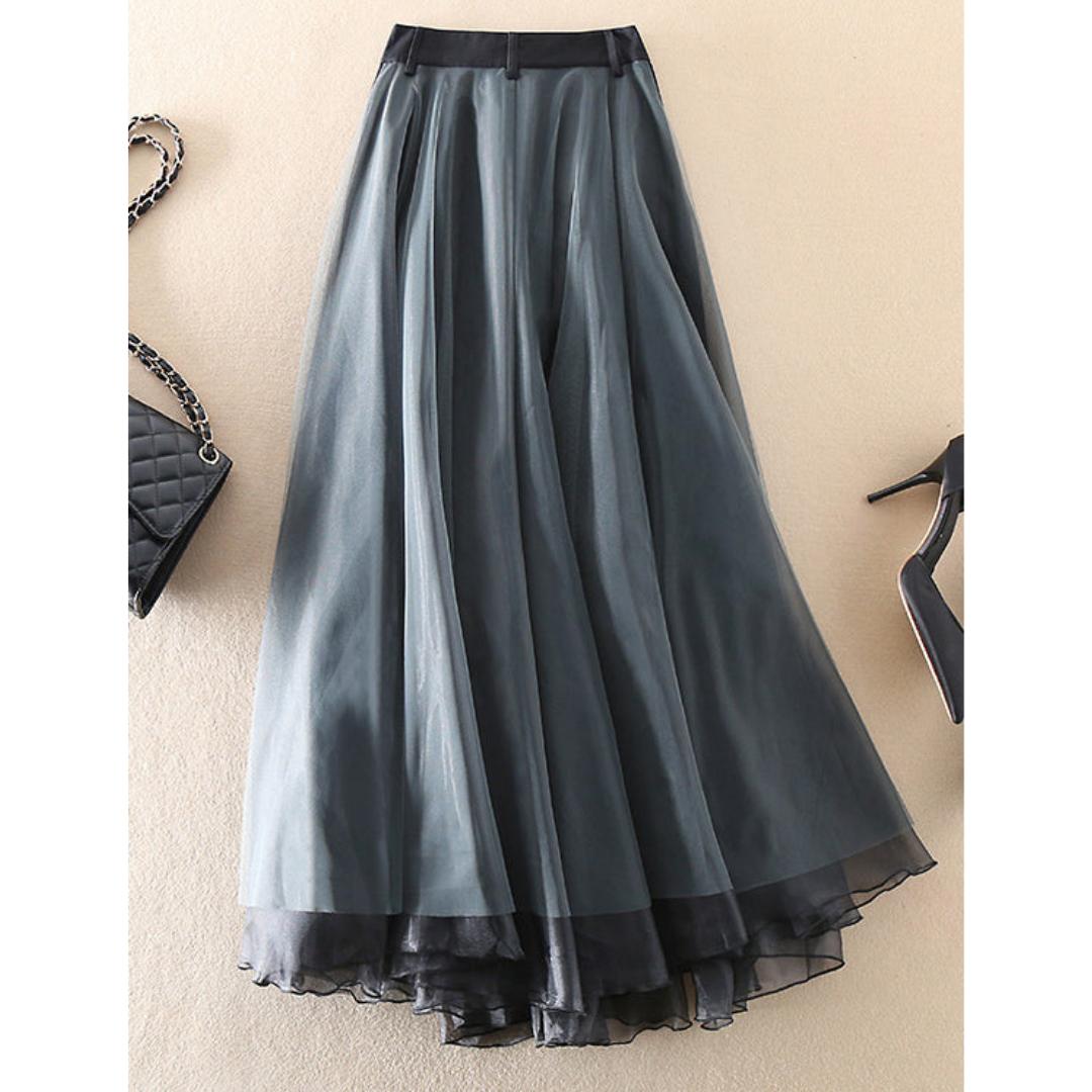 Layered Tulle Midi Skirt | Buckle Detail Waist | Sheer Overlay Statement
