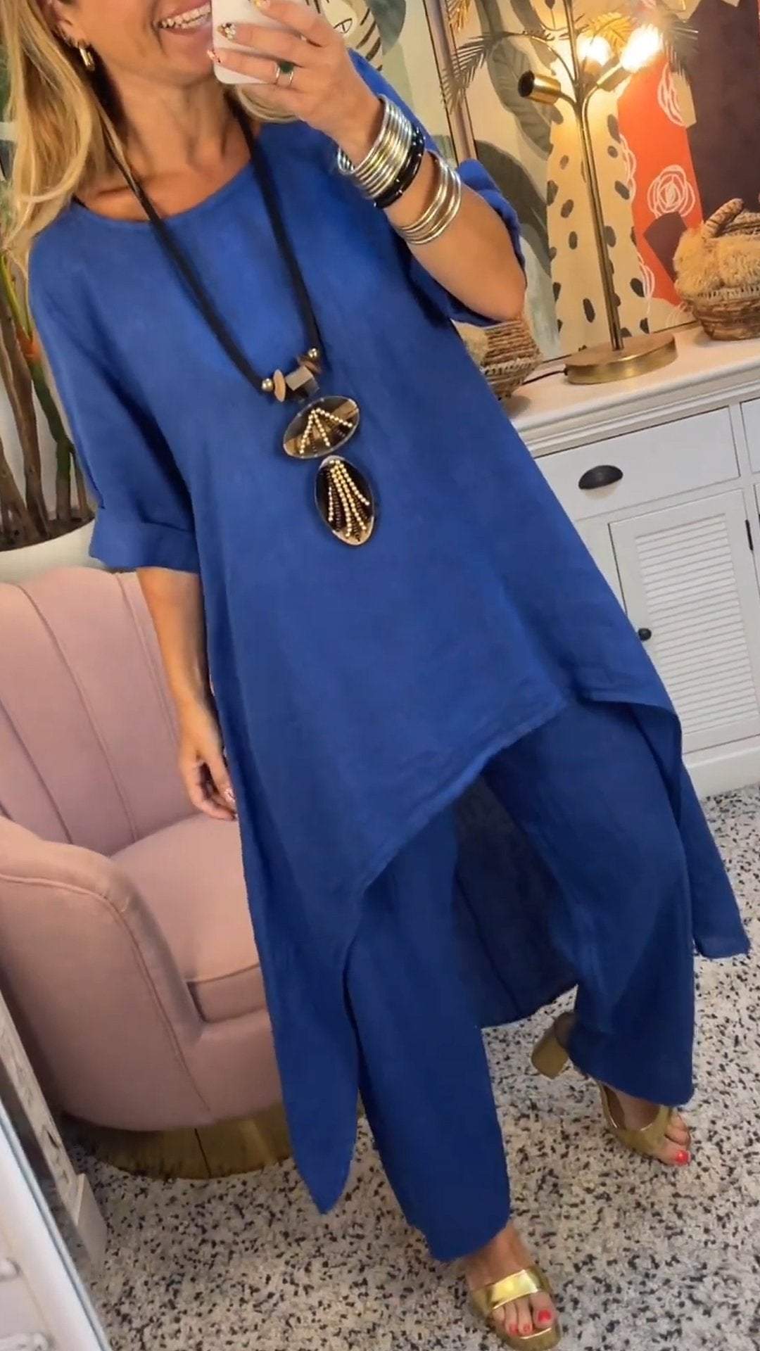 Melantha - Two-Piece Cotton and Linen Set with Round Neckline and Long Sleeves