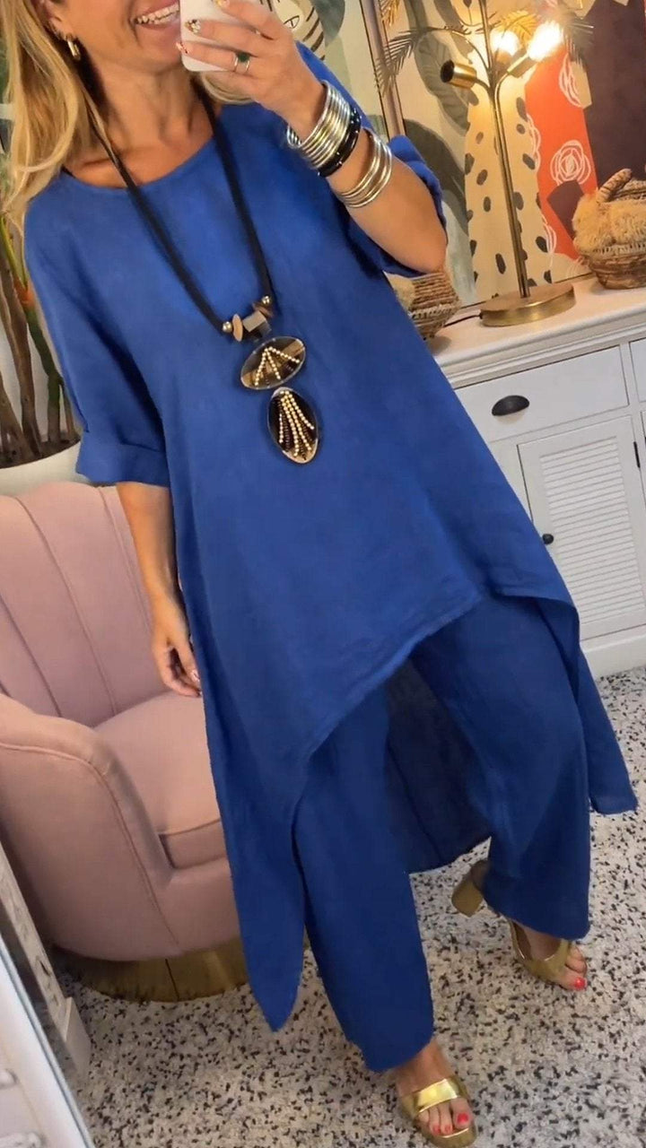 Melantha - Two-Piece Cotton and Linen Set with Round Neckline and Long Sleeves