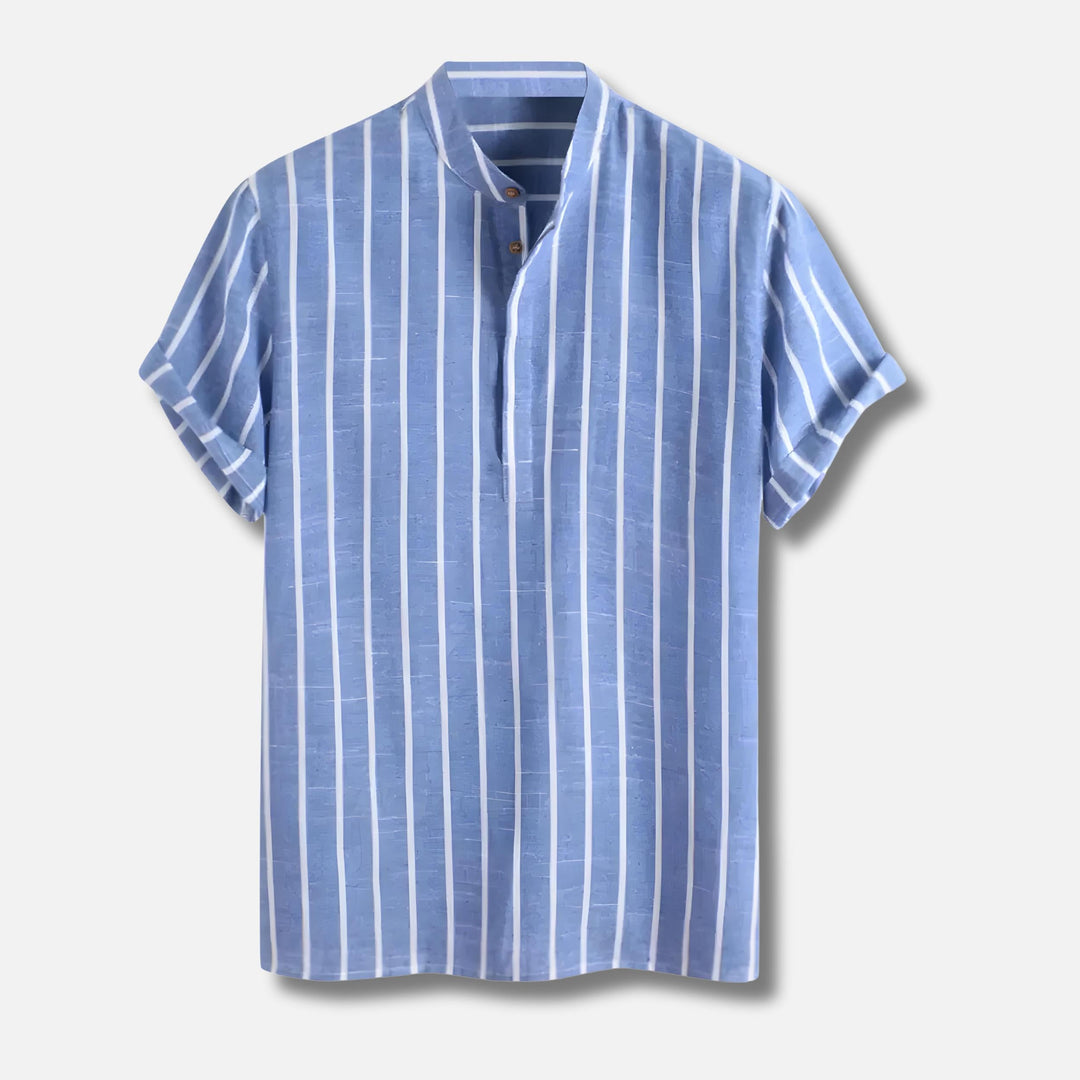 Striped Popover Shirt | Short Sleeve | Band Collar Lightweight Top