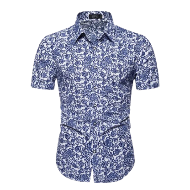 Men’s Navy Printed Short Sleeve Shirt | Button-Up Casual Summer Top | Slim Fit