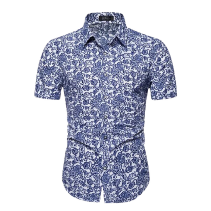 Men’s Navy Printed Short Sleeve Shirt | Button-Up Casual Summer Top | Slim Fit