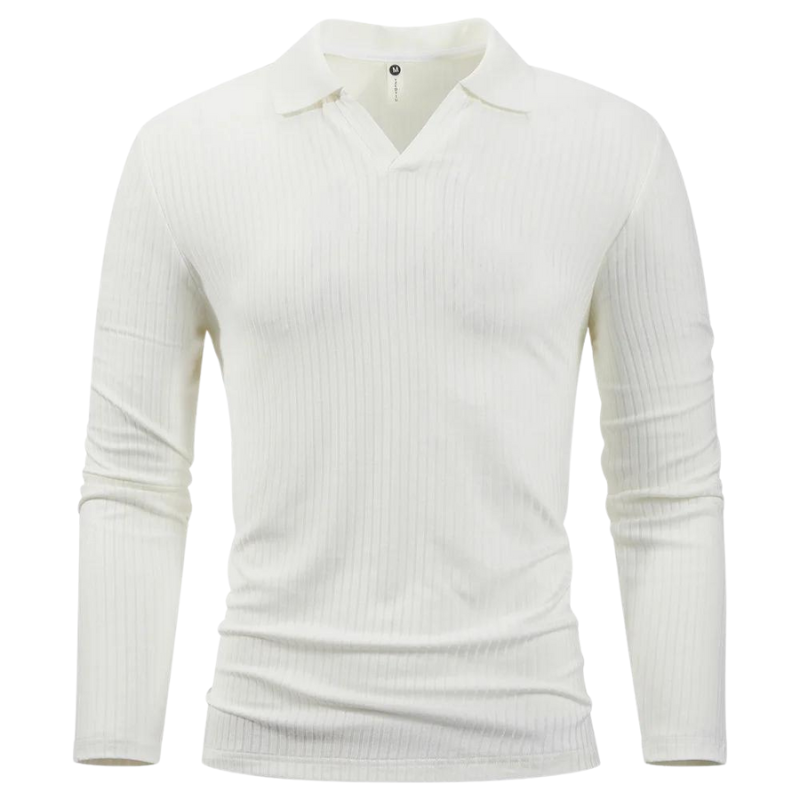 Men's Ribbed Long Sleeve Polo | Lightweight Knit Top | Slim Fit Collar Style