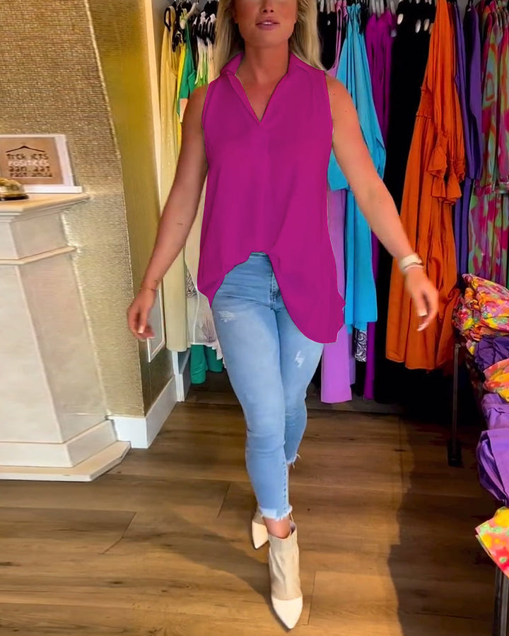 Tahliana - Sleeveless Top with Subtle Ruffles and Elegant Lapels