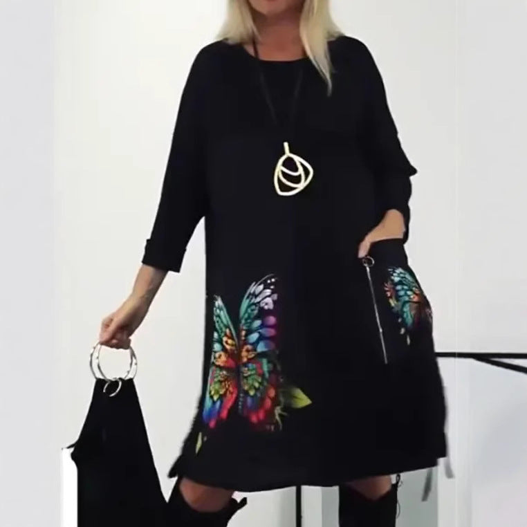 Florienne - Multicolored butterfly print dress with round neck