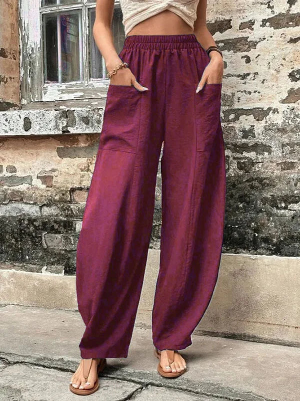 High-Waisted Wide-Leg Pants | Lightweight Linen Blend | Elastic Waist & Pockets