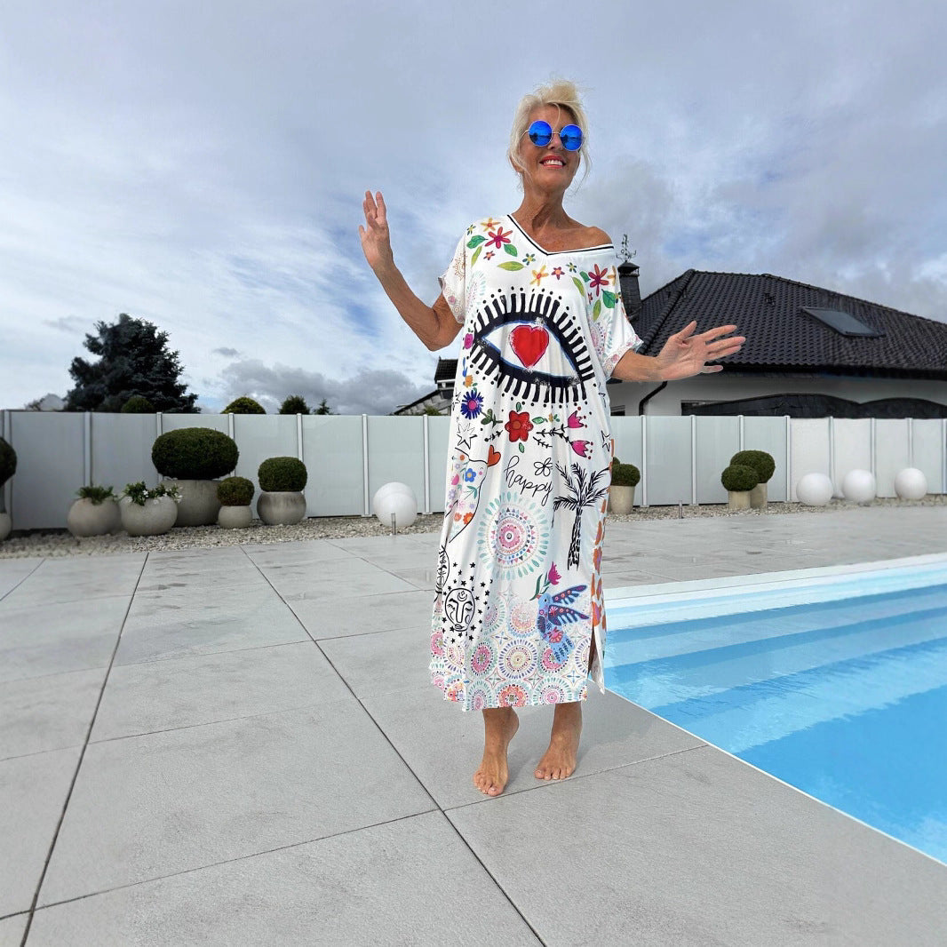 Cerelina - Women's summer dress with short sleeves and V-neck, with print