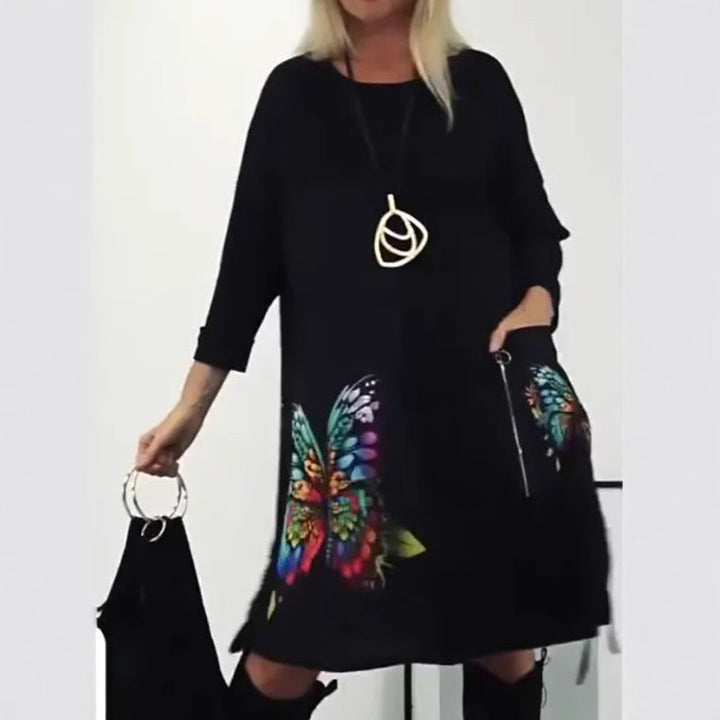 Florienne - Multicolored butterfly print dress with round neck