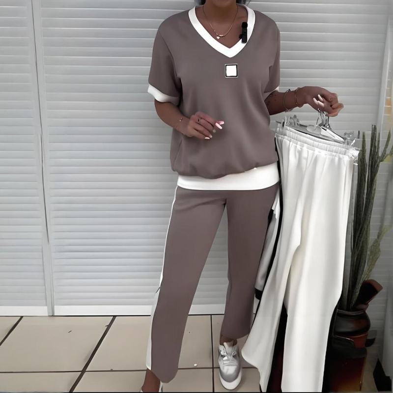 Euphrasie - Women's Casual V-Neck Top and Pants Set
