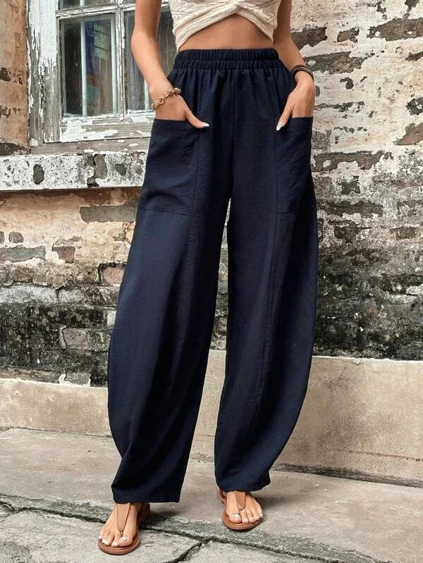 High-Waisted Wide-Leg Pants | Lightweight Linen Blend | Elastic Waist & Pockets