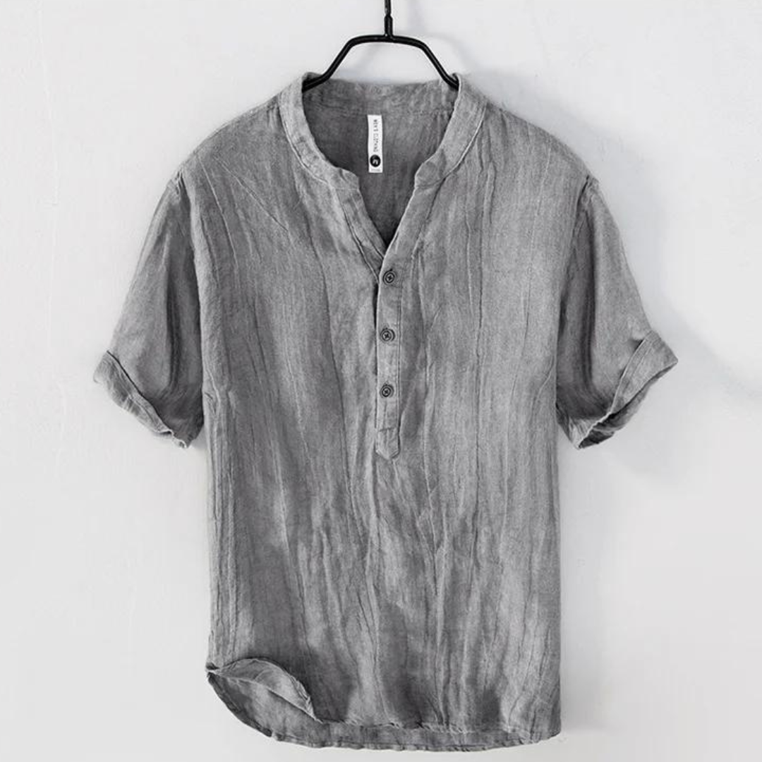 Linen-Blend Grandad Collar Shirt | Relaxed Fit & Rolled Sleeves