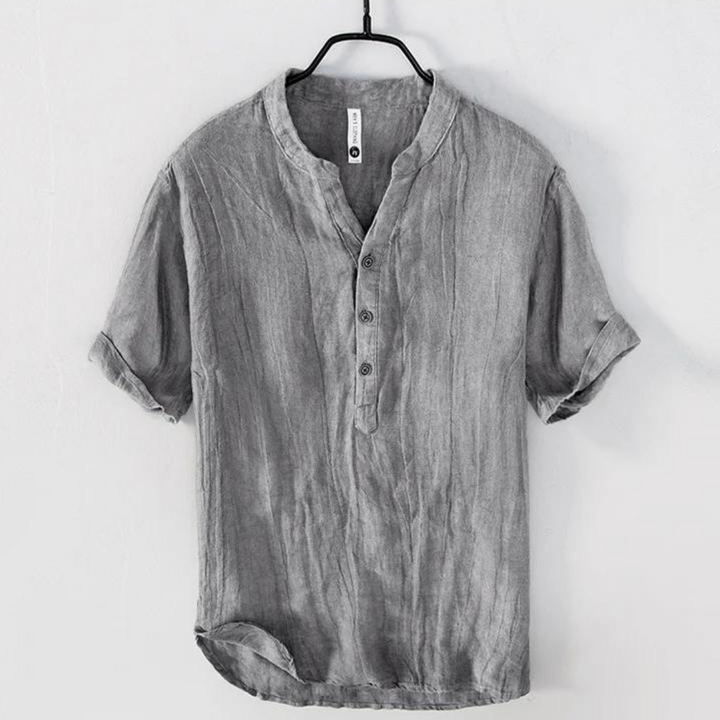 Linen-Blend Grandad Collar Shirt | Relaxed Fit & Rolled Sleeves