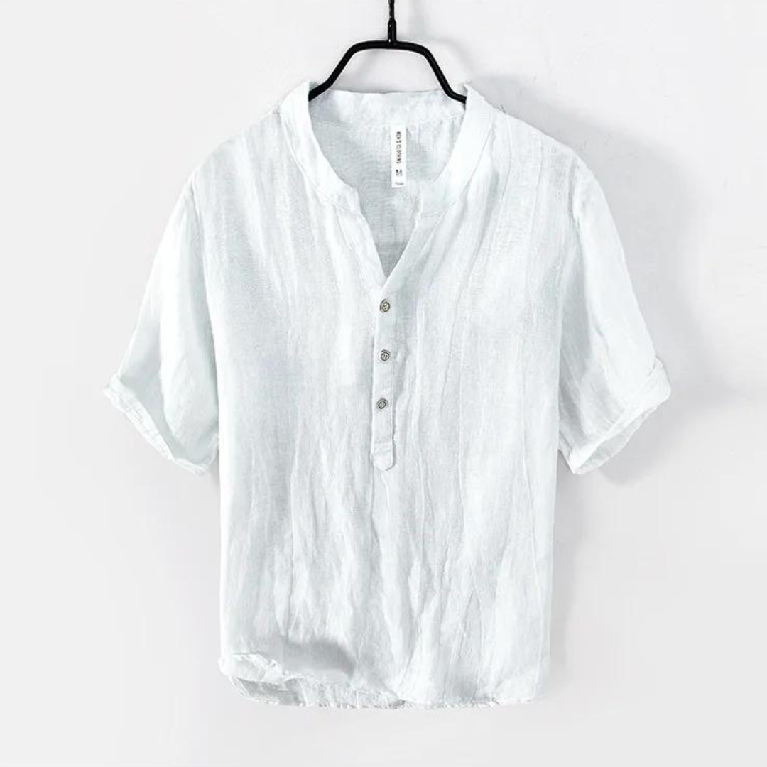 Linen-Blend Grandad Collar Shirt | Relaxed Fit & Rolled Sleeves