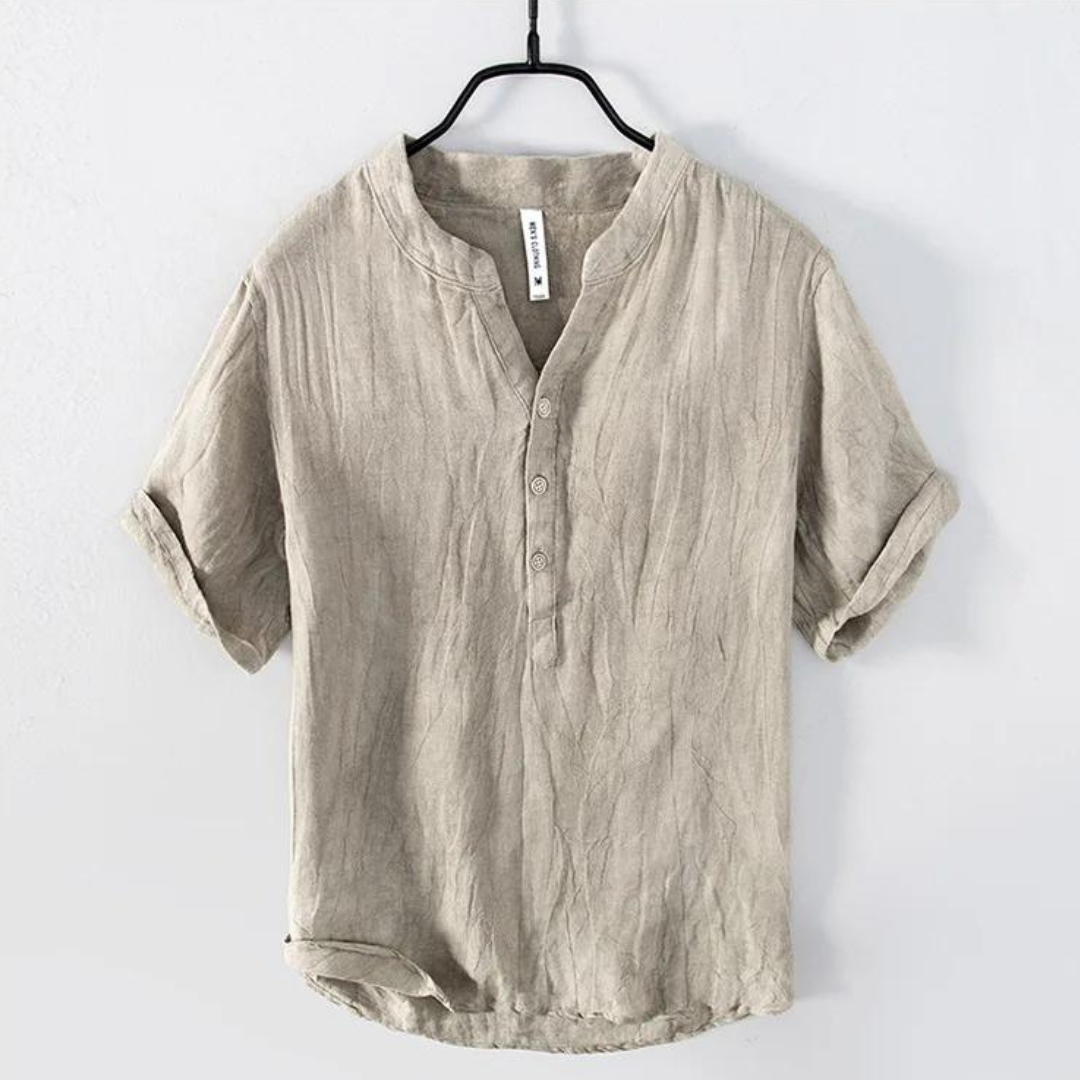 Linen-Blend Grandad Collar Shirt | Relaxed Fit & Rolled Sleeves