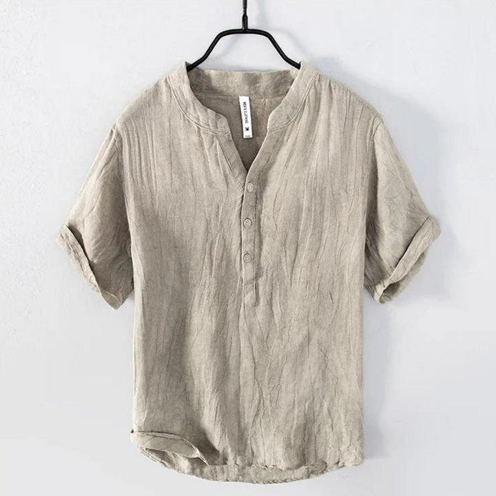 Linen-Blend Grandad Collar Shirt | Relaxed Fit & Rolled Sleeves