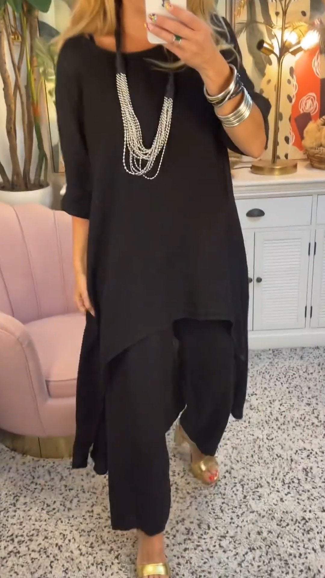 Melantha - Two-Piece Cotton and Linen Set with Round Neckline and Long Sleeves