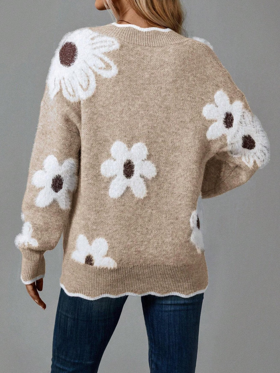Odette - Elegant Floral Sweater with Scalloped Trim