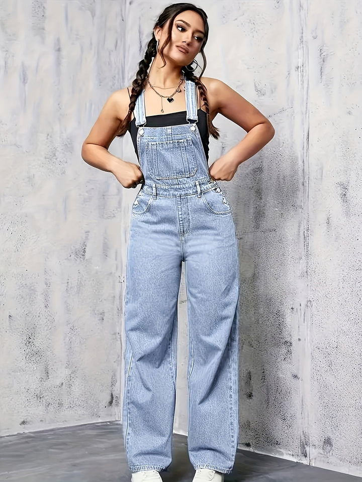 Wide-Leg Denim Overalls | Classic Light Wash | Relaxed Fit | Casual Everyday Style
