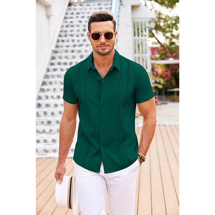 Men's Cuban Collar Shirt | Embroidered Detail | Lightweight Short Sleeve