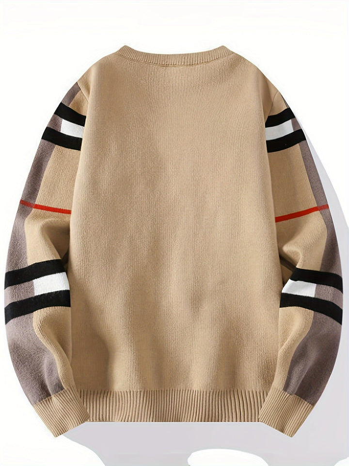 Men’s Colourblock Stripe Sweater | Casual Crewneck with Arm Detail
