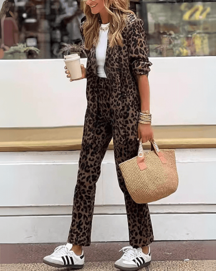 Leopard Print Lounge Set | Lightweight Jacket & Tapered Pants | Casual Two-Piece