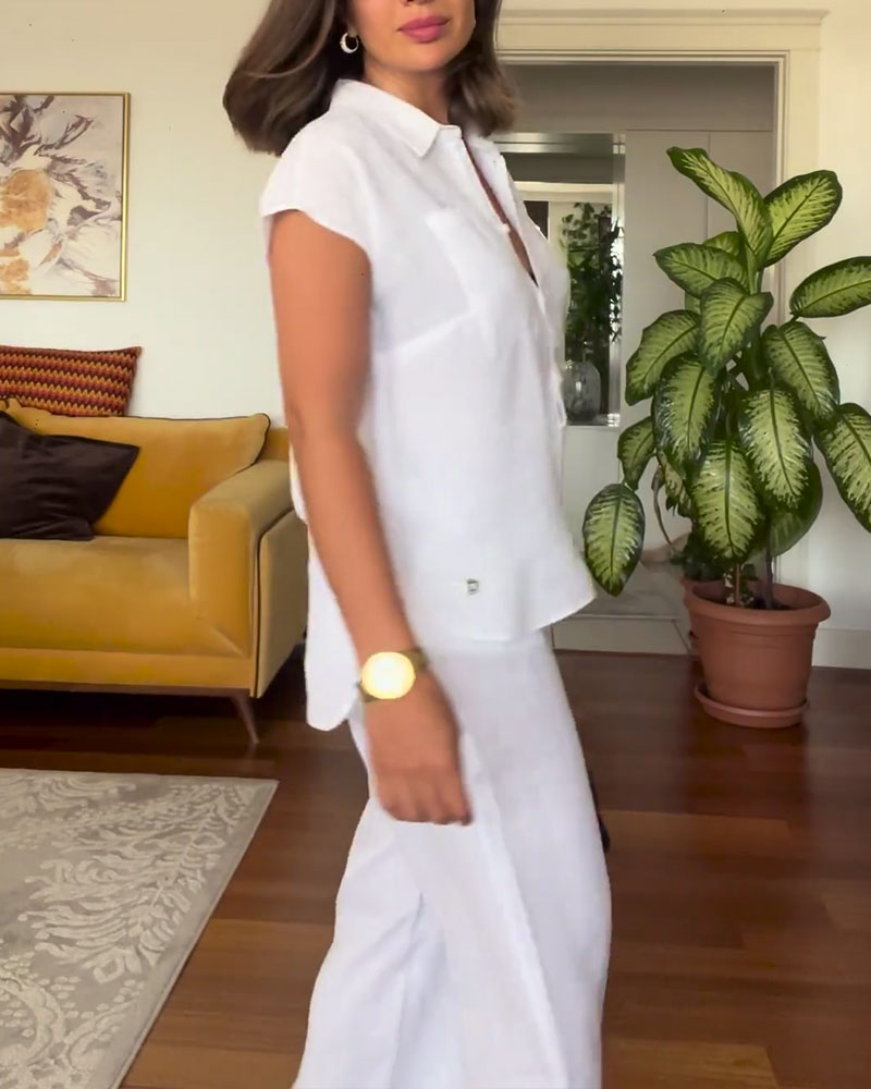 Quinara - Solid color cotton and linen casual pants suit