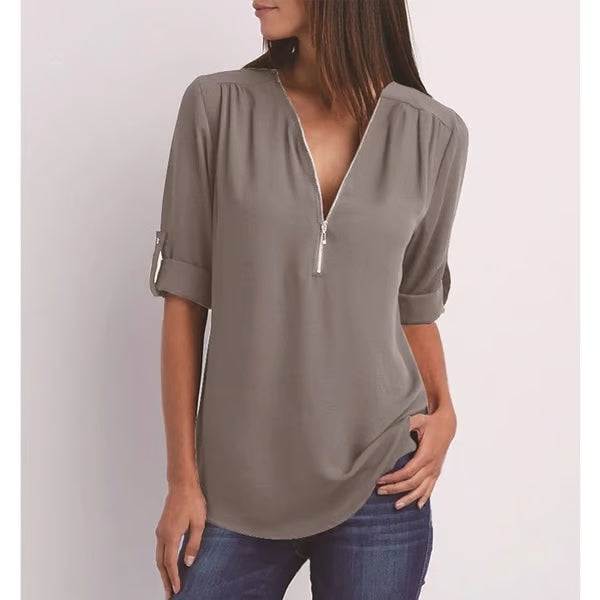 Quelina - Loose-Fitting 3/4 Sleeve Zip-Up Blouse