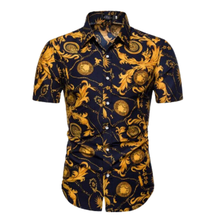 Men’s Navy Printed Short Sleeve Shirt | Button-Up Casual Summer Top | Slim Fit