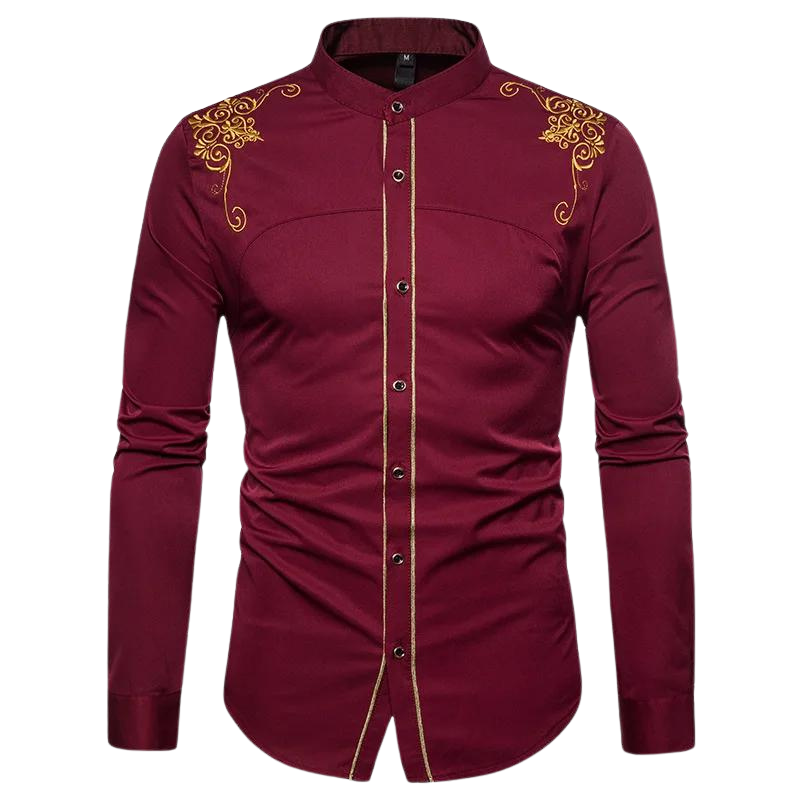 Men's Embroidered Dress Shirt | Gold Accent Trim & Slim Fit | Formal Casual Blend
