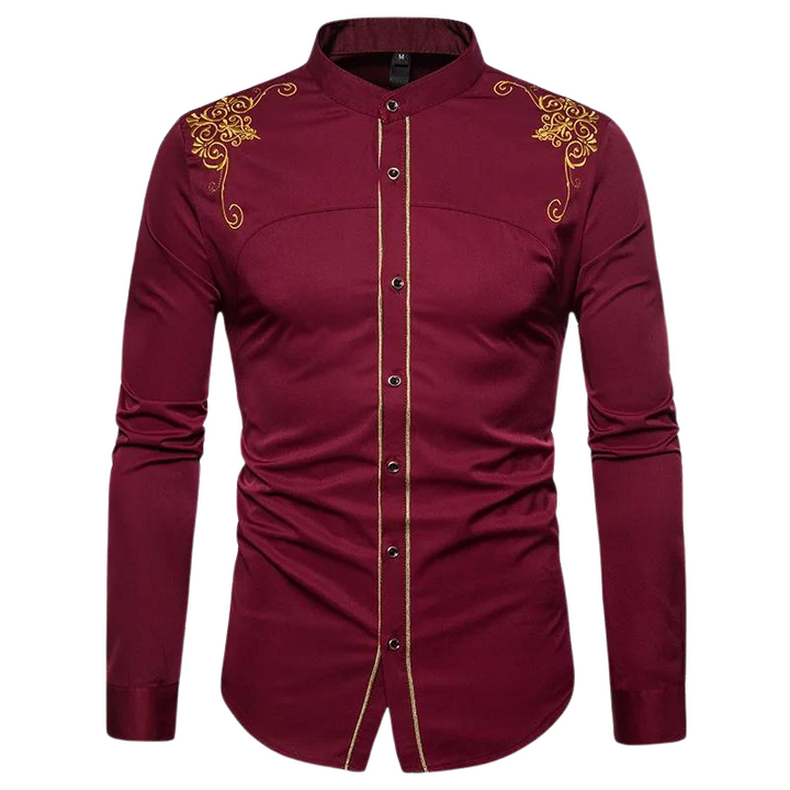 Men's Embroidered Dress Shirt | Gold Accent Trim & Slim Fit | Formal Casual Blend