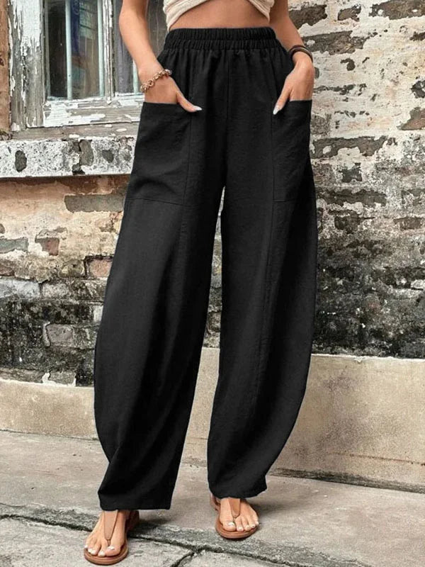 High-Waisted Wide-Leg Pants | Lightweight Linen Blend | Elastic Waist & Pockets