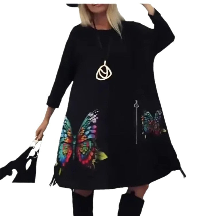 Florienne - Multicolored butterfly print dress with round neck