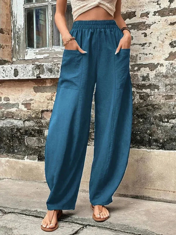High-Waisted Wide-Leg Pants | Lightweight Linen Blend | Elastic Waist & Pockets