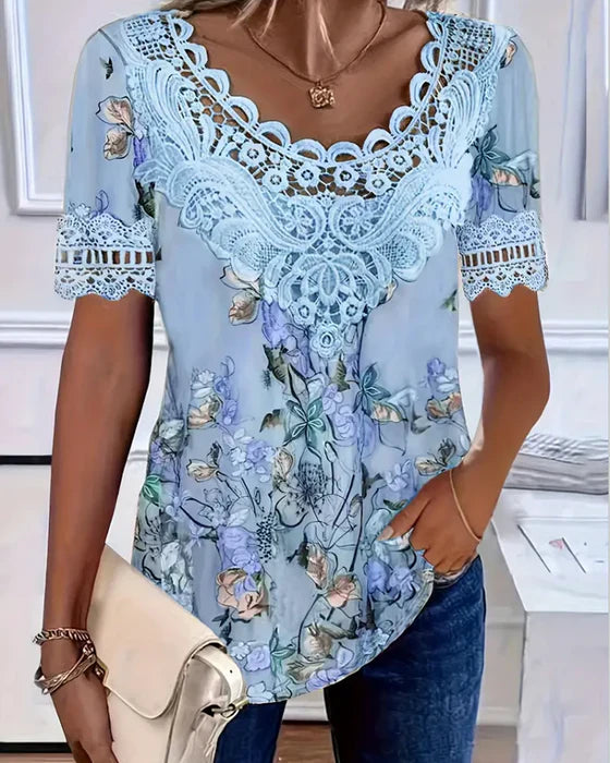 Amalina - Floral Print Short Sleeve T-shirt for a Fresh and Casual Style