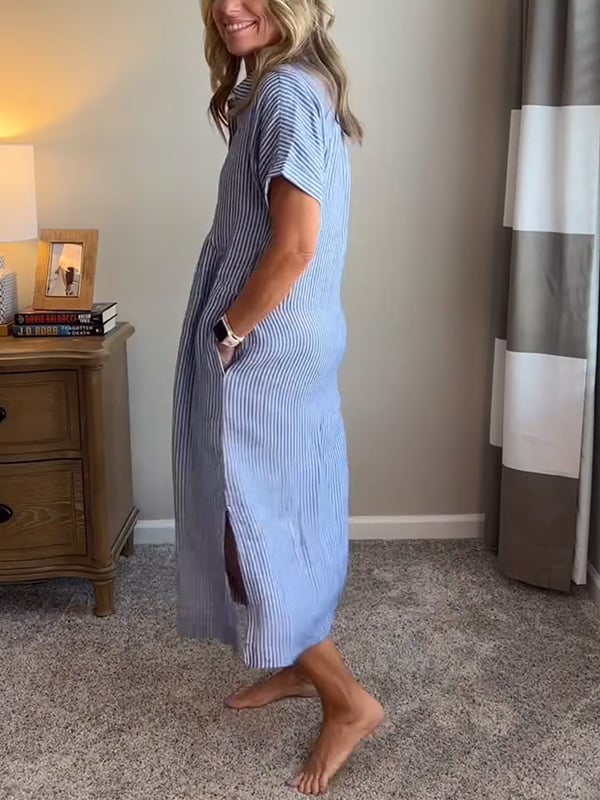 Melania - Striped shirt dress with lapels and buttons | With functional pockets