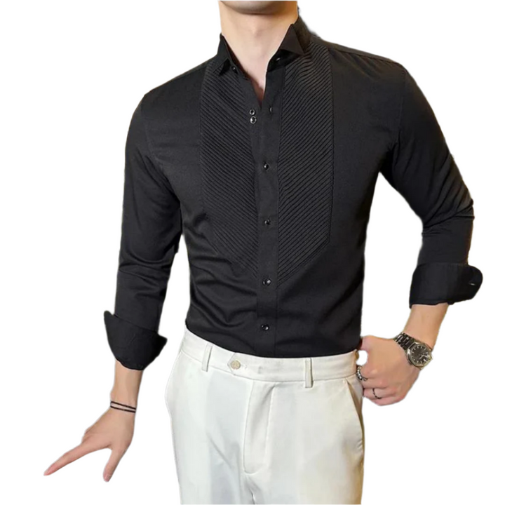 Men's Formal Dress Shirt | Pleated Tuxedo Front | Slim Fit Black Long Sleeve