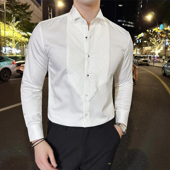 Men's Formal Dress Shirt | Pleated Tuxedo Front | Slim Fit Black Long Sleeve